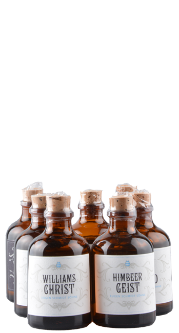 Schmidt Brände 7er Holzkiste mit je 1 Fl. à 50 ml: Mirabelle-Obst-KirschHimbeer-Vollkorn-Williams-Zwetschge