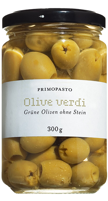 Olive Verdi Grüne Oliven ohne Stein in Salzlake 300g